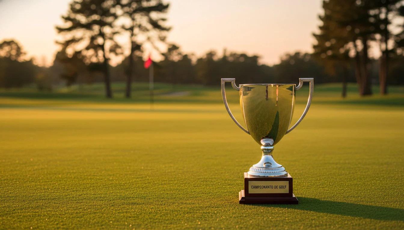 Trofeo de un Major de golf iluminado sobre green con bandera al fondo