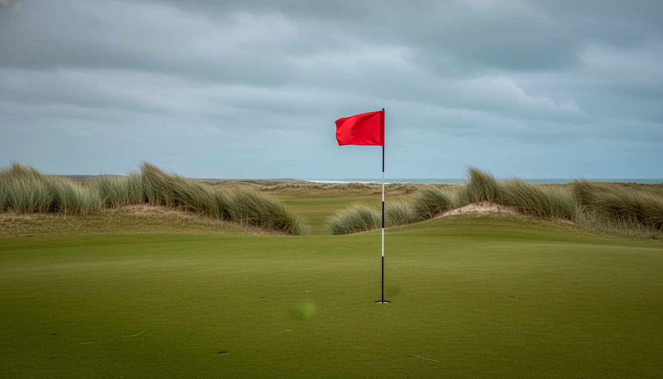 Bandera de golf ondeando por el viento sobre un green con cielo nublado