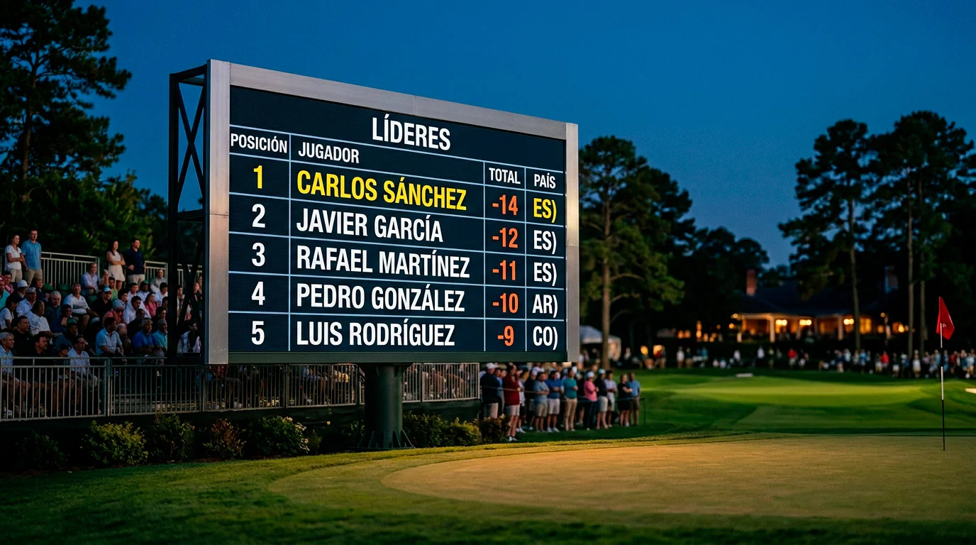 Leaderboard electrónico en un torneo de golf mostrando posiciones de jugadores