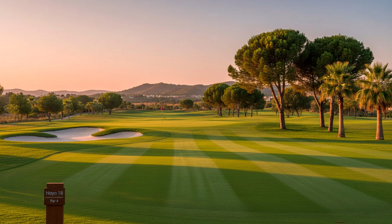 Fairway de campo de golf español al atardecer con green y bandera al fondo