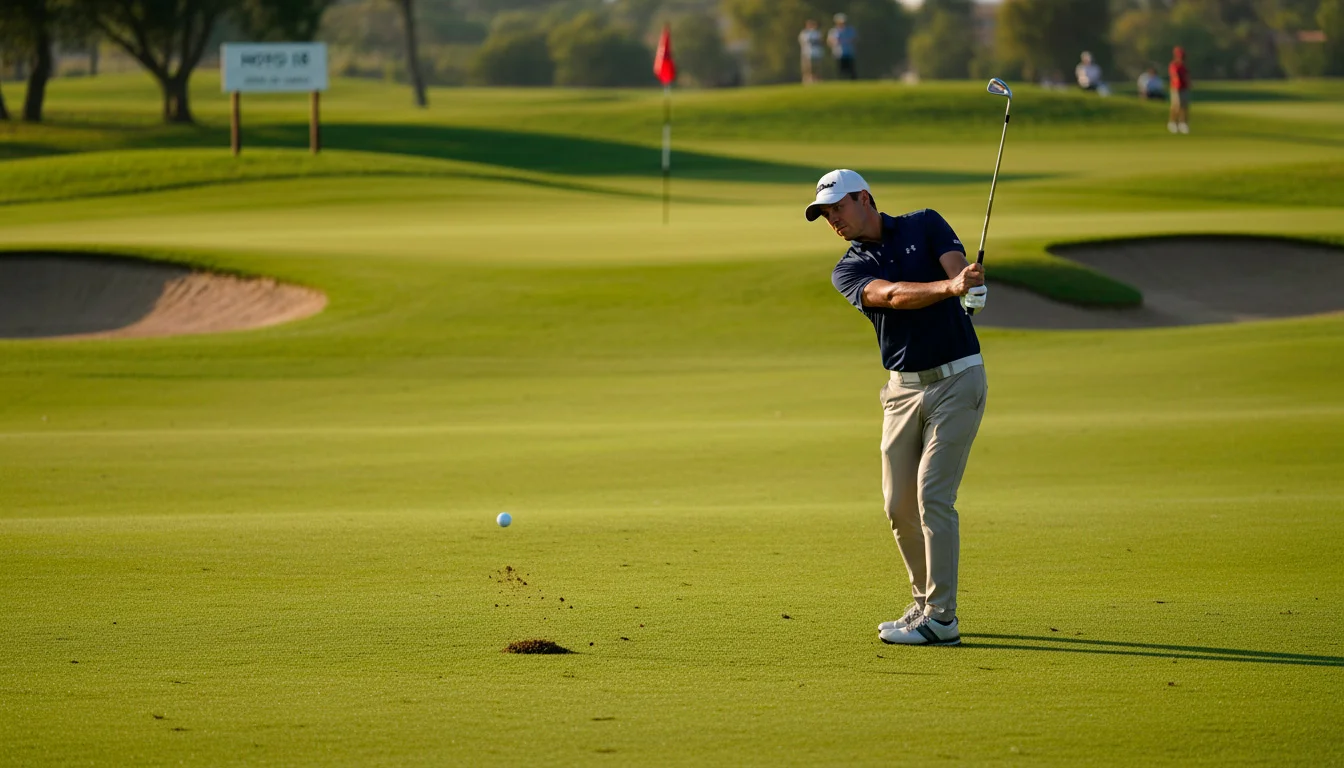 Golfista profesional ejecutando un tiro de approach con hierro hacia el green
